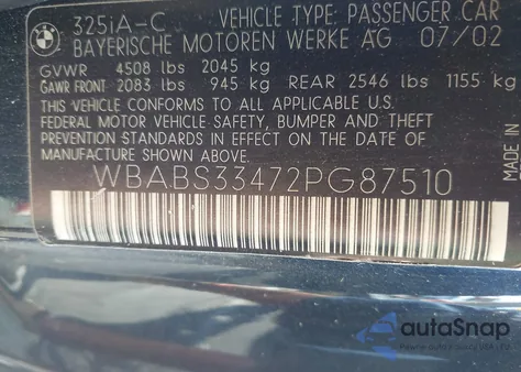 2002 BMW 325Ci from USA, damaged, VIN WBABS33472PG87510